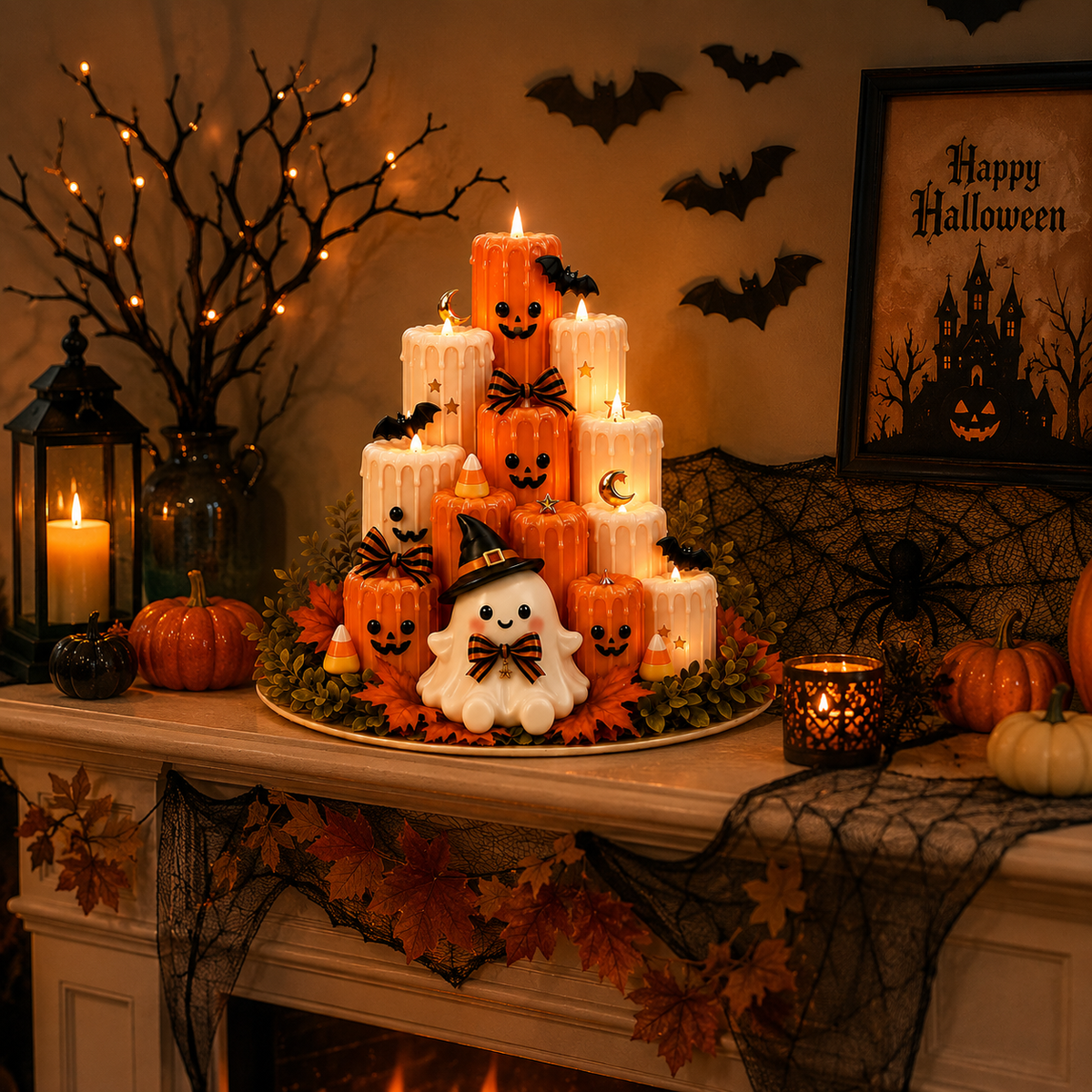 Flameless LED Ghost Halloween Tabletop Decoration | Stacked Faux-Wax Tower