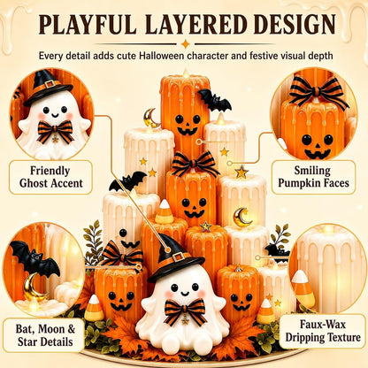 Flameless LED Ghost Halloween Tabletop Decoration | Stacked Faux-Wax Tower