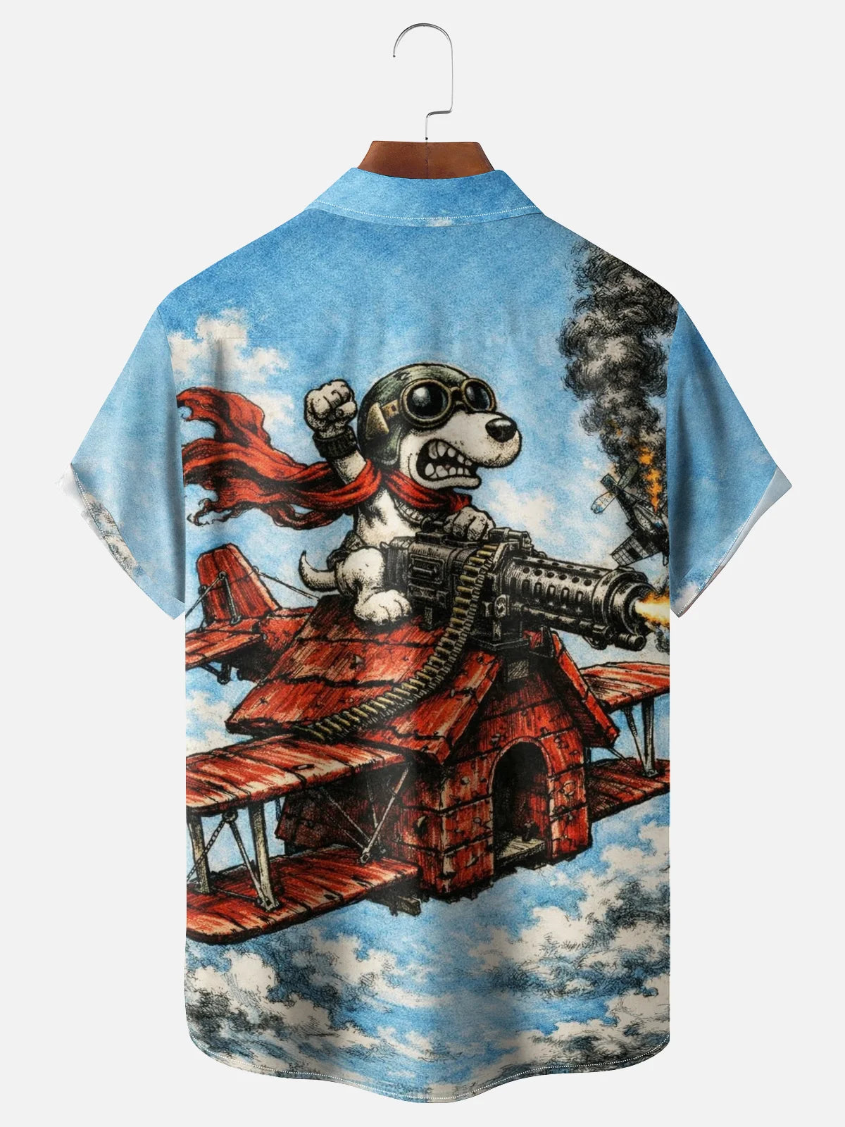 Moisture-Wicking Abstract Airplane & Dog Pattern and Chest Pocket Holiday Hawaiian Shirt