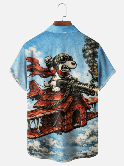 Moisture-Wicking Abstract Airplane & Dog Pattern and Chest Pocket Holiday Hawaiian Shirt