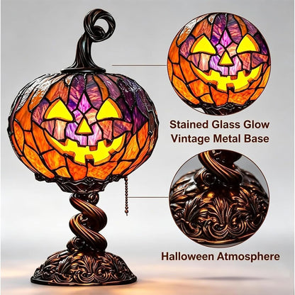Stained Glass Pumpkin Table Lamp – Vintage Halloween Jack-O’-Lantern Night Light