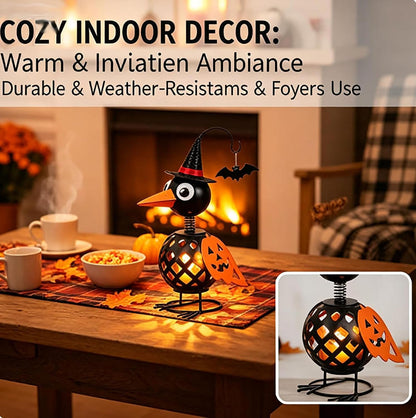 Halloween Crow Candle Holder – Metal Witch Bird Lantern with Pumpkin Wing & Hanging Bat