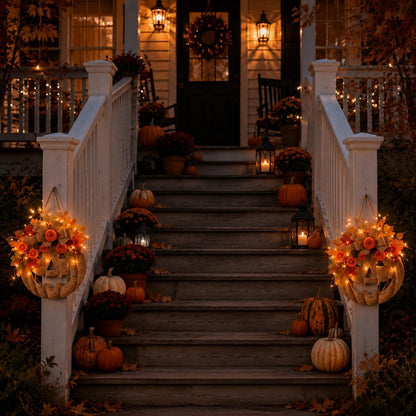Lighted Burlap Pumpkin Wreath - Farmhouse Fall Halloween Door Decor
