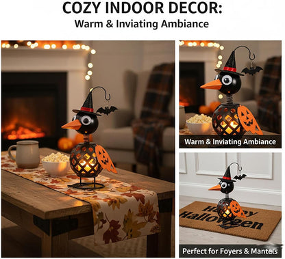 Halloween Crow Candle Holder – Metal Witch Bird Lantern with Pumpkin Wing & Hanging Bat