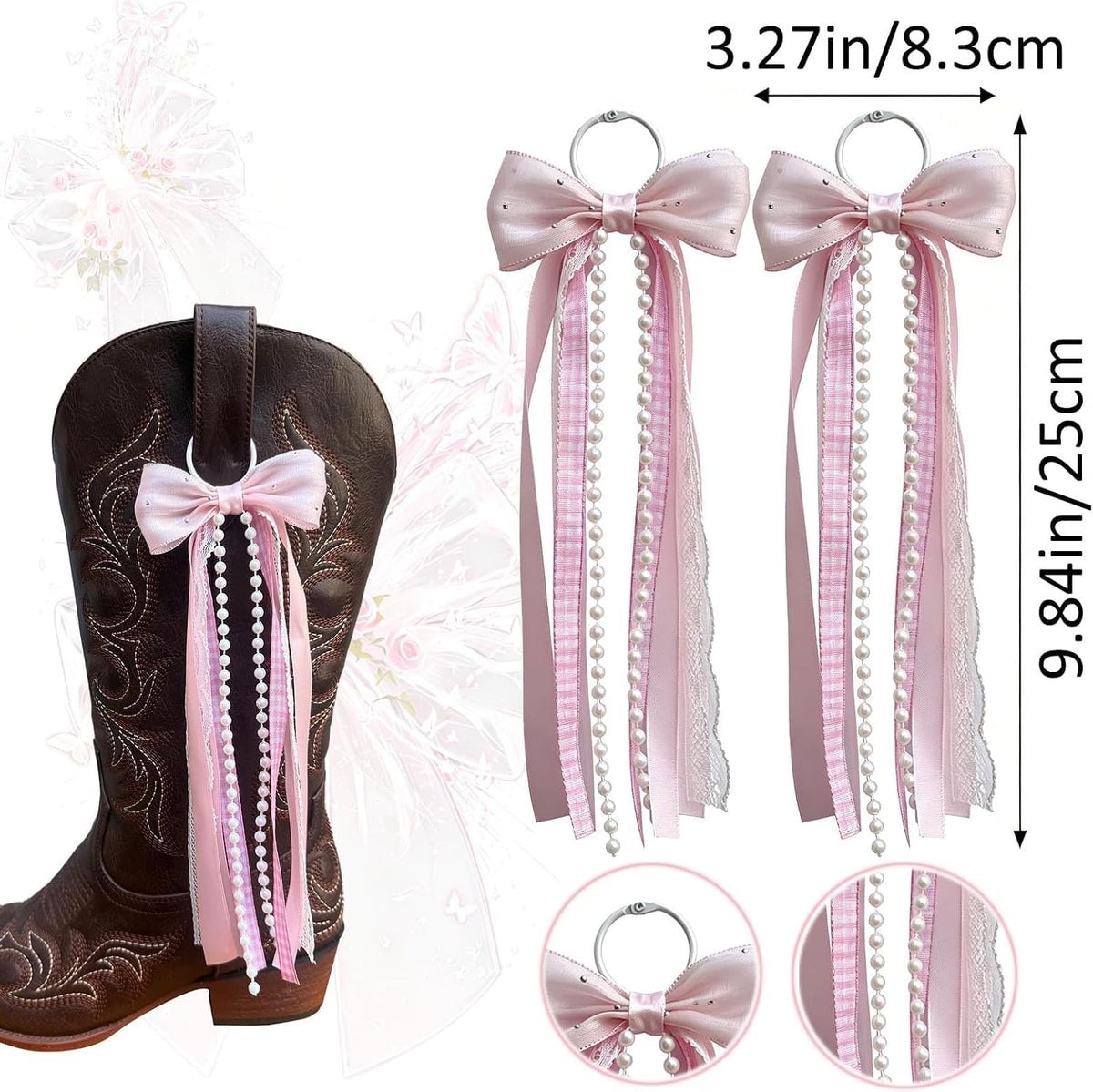 Pair of Pearl and Lace Bows for Cowboy Boots – Detachable Western Boot Accessories for Women