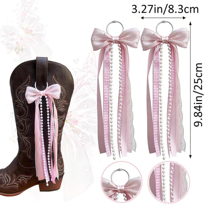 Pair of Pearl and Lace Bows for Cowboy Boots – Detachable Western Boot Accessories for Women