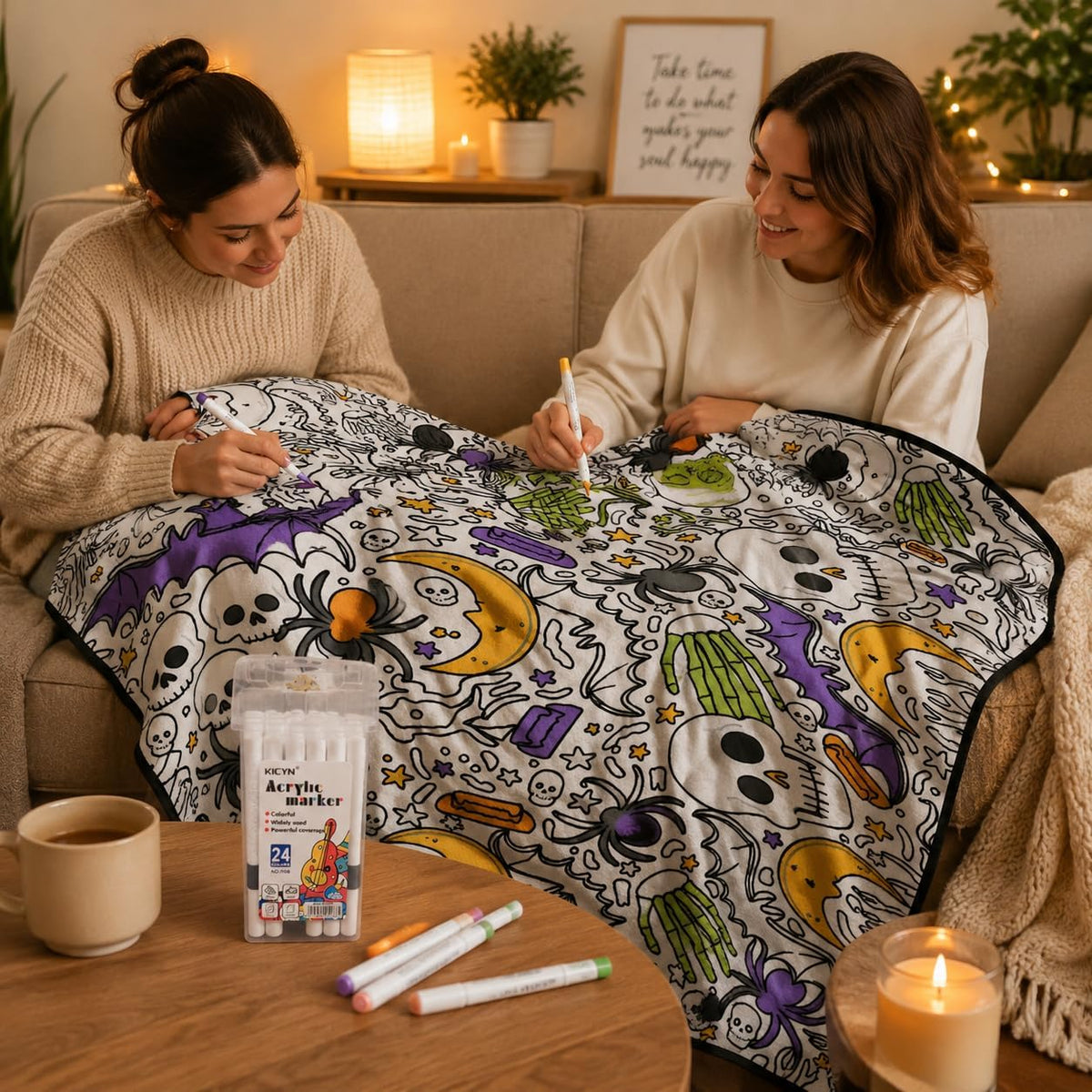 DIY Halloween Coloring Blanket with 24 Markers – Washable Creative Activity for Kids & Adults