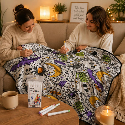 DIY Halloween Coloring Blanket with 24 Markers – Washable Creative Activity for Kids & Adults