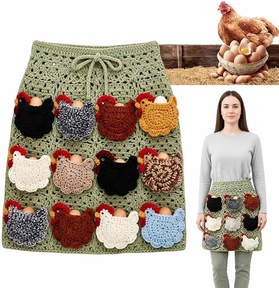 Hand-Crocheted Egg-Gathering Apron (with 12 Egg Pockets) — A Farm-Fresh Egg Collection Apron Designed for Backyard Chicken Keepers