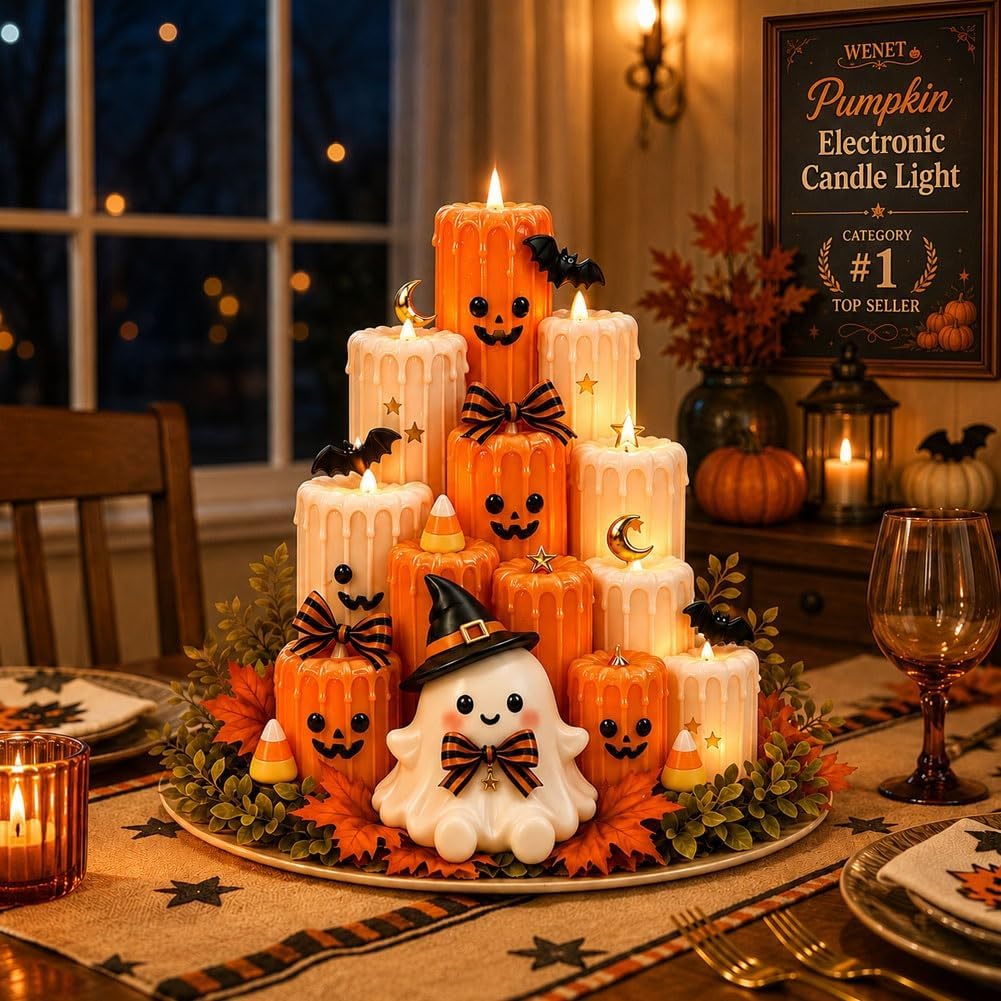 Flameless LED Ghost Halloween Tabletop Decoration | Stacked Faux-Wax Tower