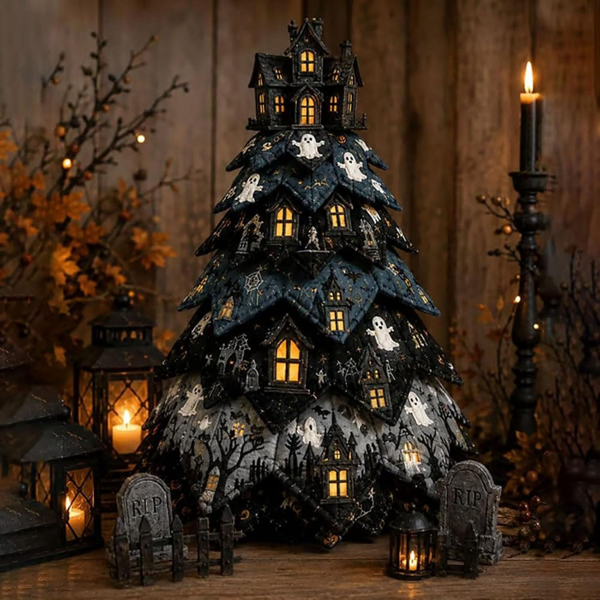 DIY Gothic Halloween Quilted Fabric Tree Kit – Layered Rose & Skull Tabletop Decoration