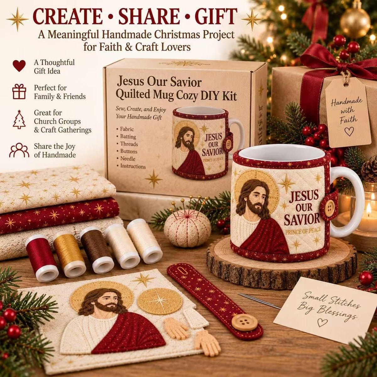 Christian Quilted Mug Cozy DIY Kit – Faith-Inspired Christmas Sewing Gift