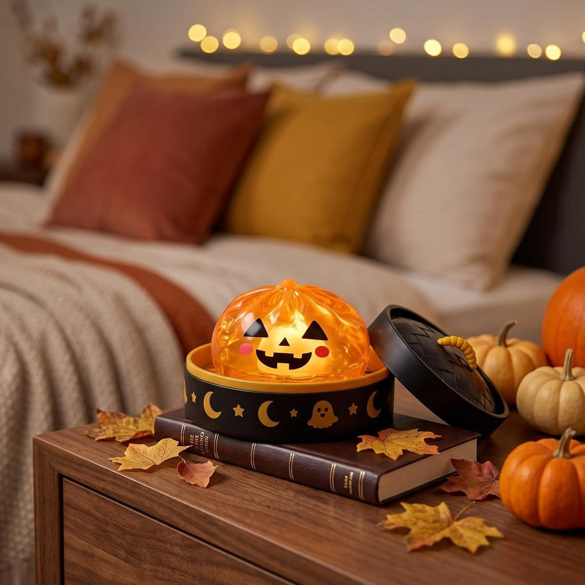Halloween Glitter Dumpling Squishy Toy - Pumpkin Stress Ball with Spooky Steamer Tray