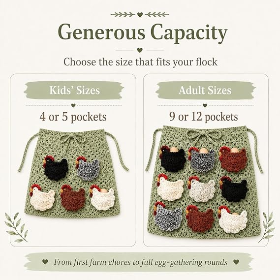 Hand-Crocheted Egg-Gathering Apron (with 12 Egg Pockets) — A Farm-Fresh Egg Collection Apron Designed for Backyard Chicken Keepers
