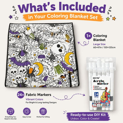 DIY Halloween Coloring Blanket with 24 Markers – Washable Creative Activity for Kids & Adults