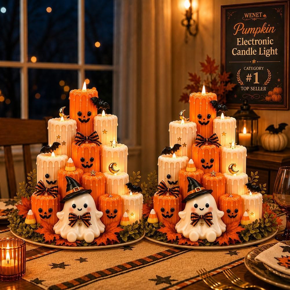 Flameless LED Ghost Halloween Tabletop Decoration | Stacked Faux-Wax Tower