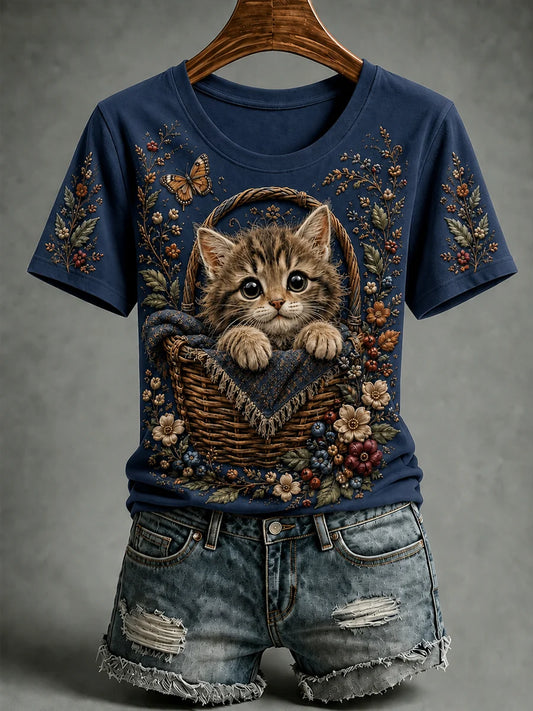 Women's Autumn Cute Cat Art  Short Sleeve T-shirt