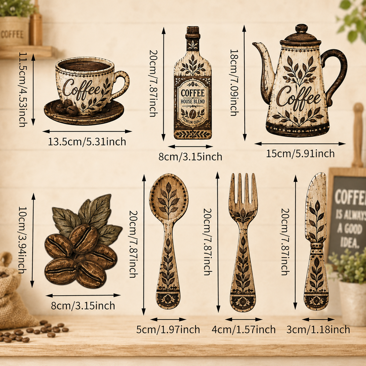 7-Piece Rustic Coffee Wall Art Set – Farmhouse Kitchen and Café Decoration