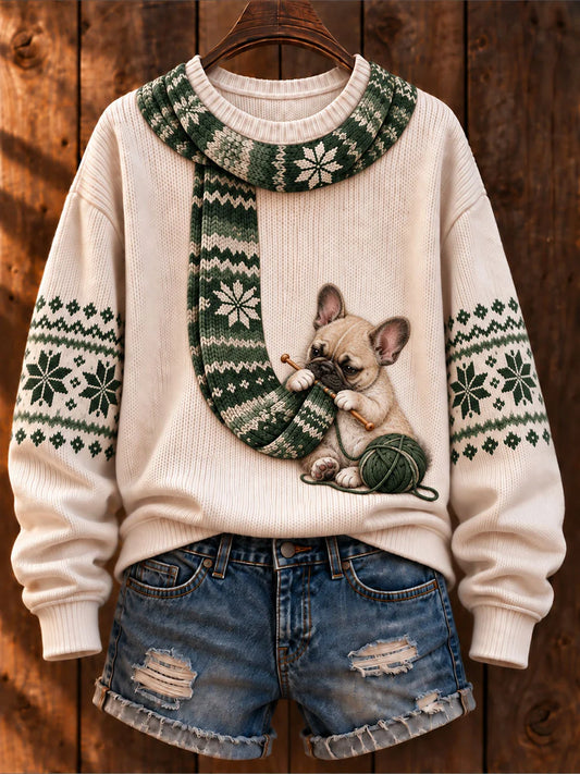Women's "Dog Knitting a Scarf" French Bulldog Art-Print Casual Sweater