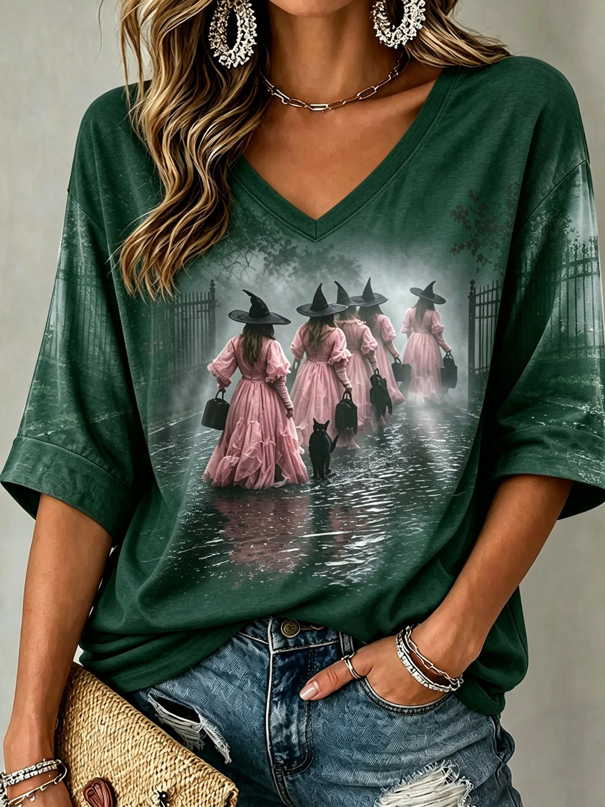 Women's Mysterious Witch and Black Cat Print Top