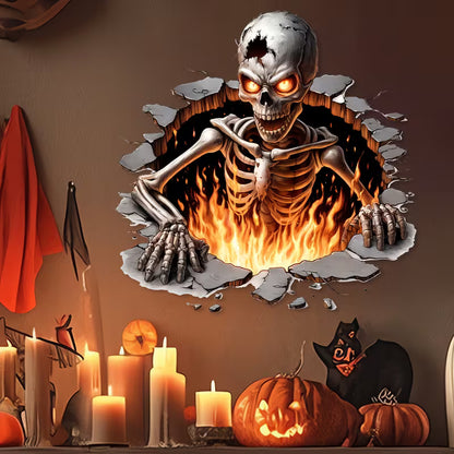 Halloween Skeleton Wall Sticker – 3D Broken Wall Flame Skull Decal for Home, Door & Window Decor