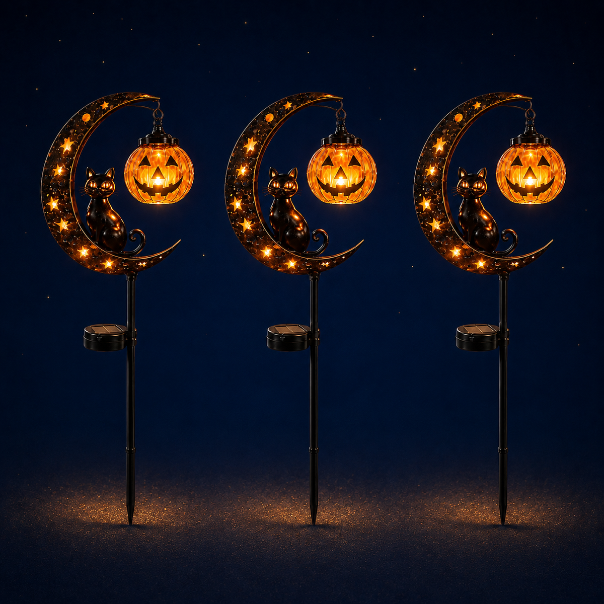 Halloween Solar Garden Stake Light - Black Cat & Pumpkin Moon Outdoor Yard Decor