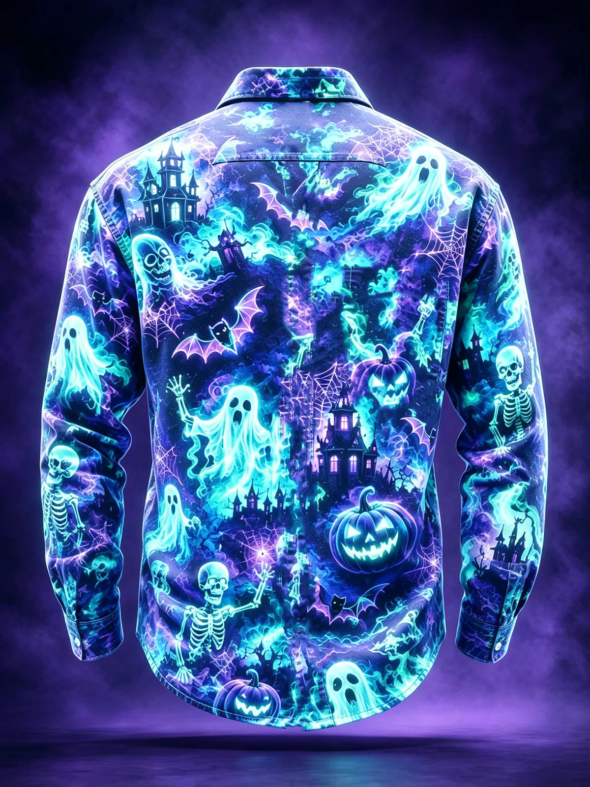 Moisture-Wicking Halloween Castle Pumpkin Ghost Bat Chest Pocket Long-Sleeve Casual Shirt