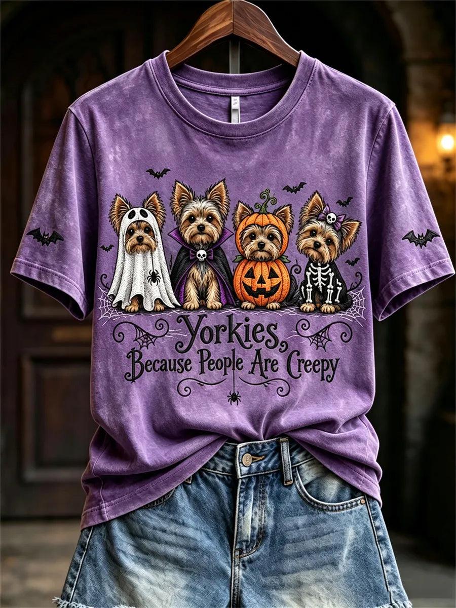 Women's Yorkies Because People Are Creepy Halloween Dogs Print short-sleeved T-shirt