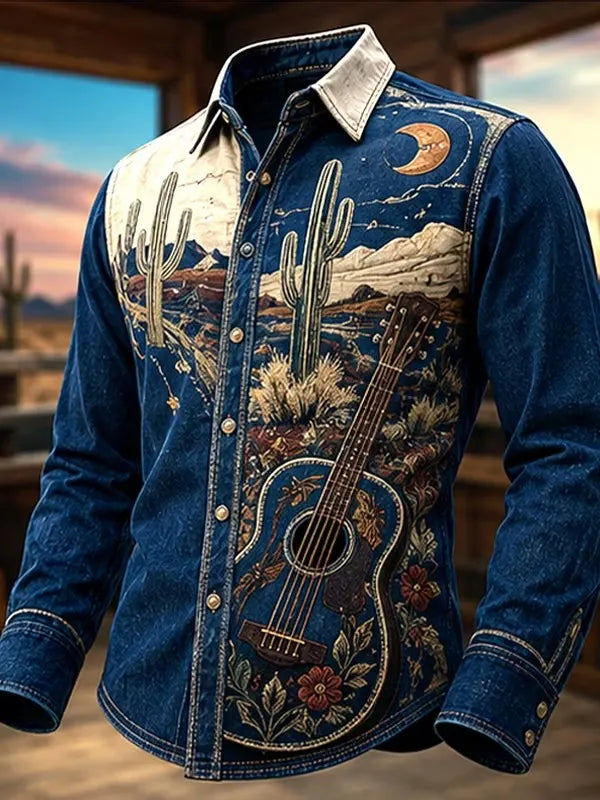 Men's Vintage Western Acoustic Guitar Beneath Crescent Moon Print Long Sleeve Shirt