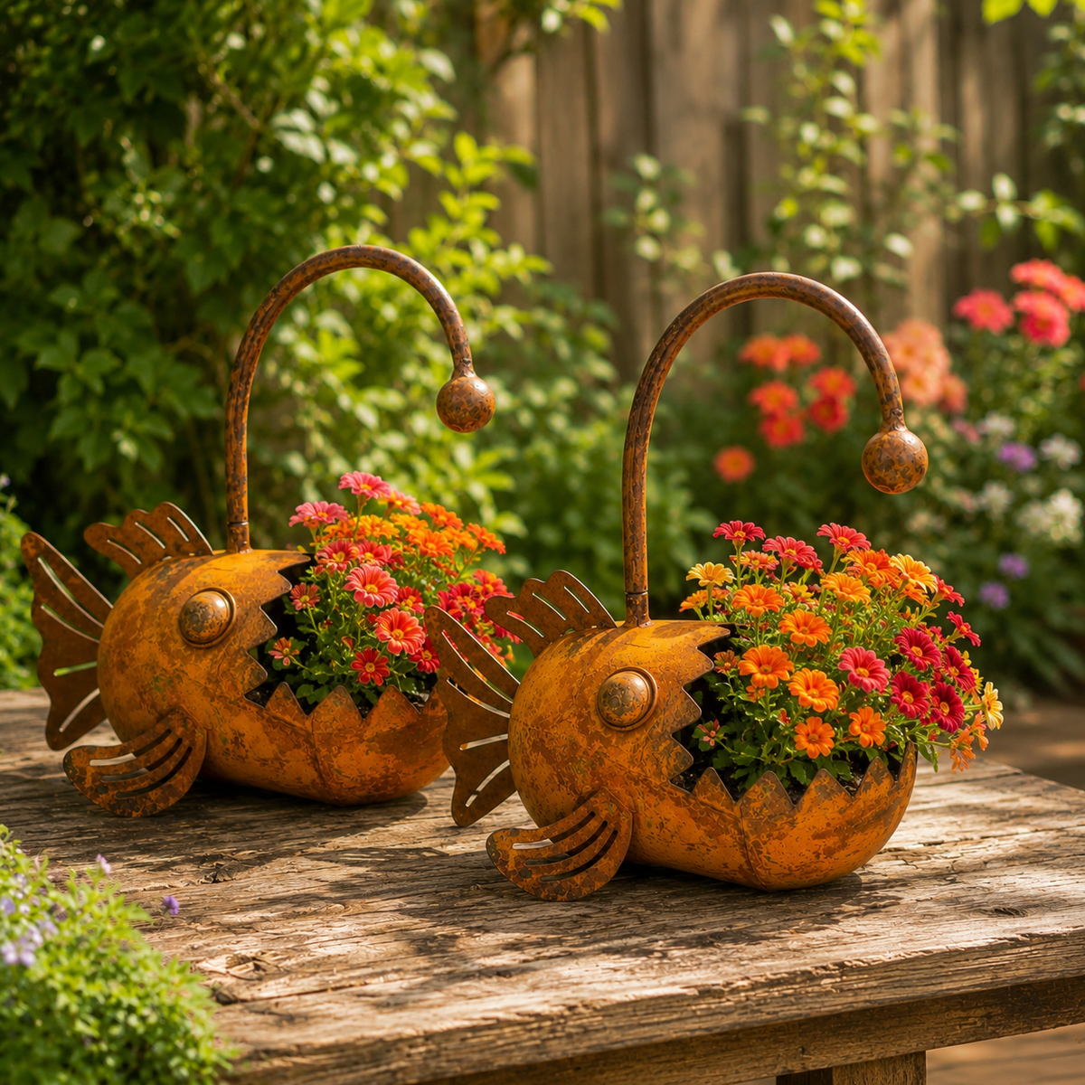 Rustic Metal Fish Planter – Whimsical Anglerfish Flower Pot for Home, Garden & Patio Decor
