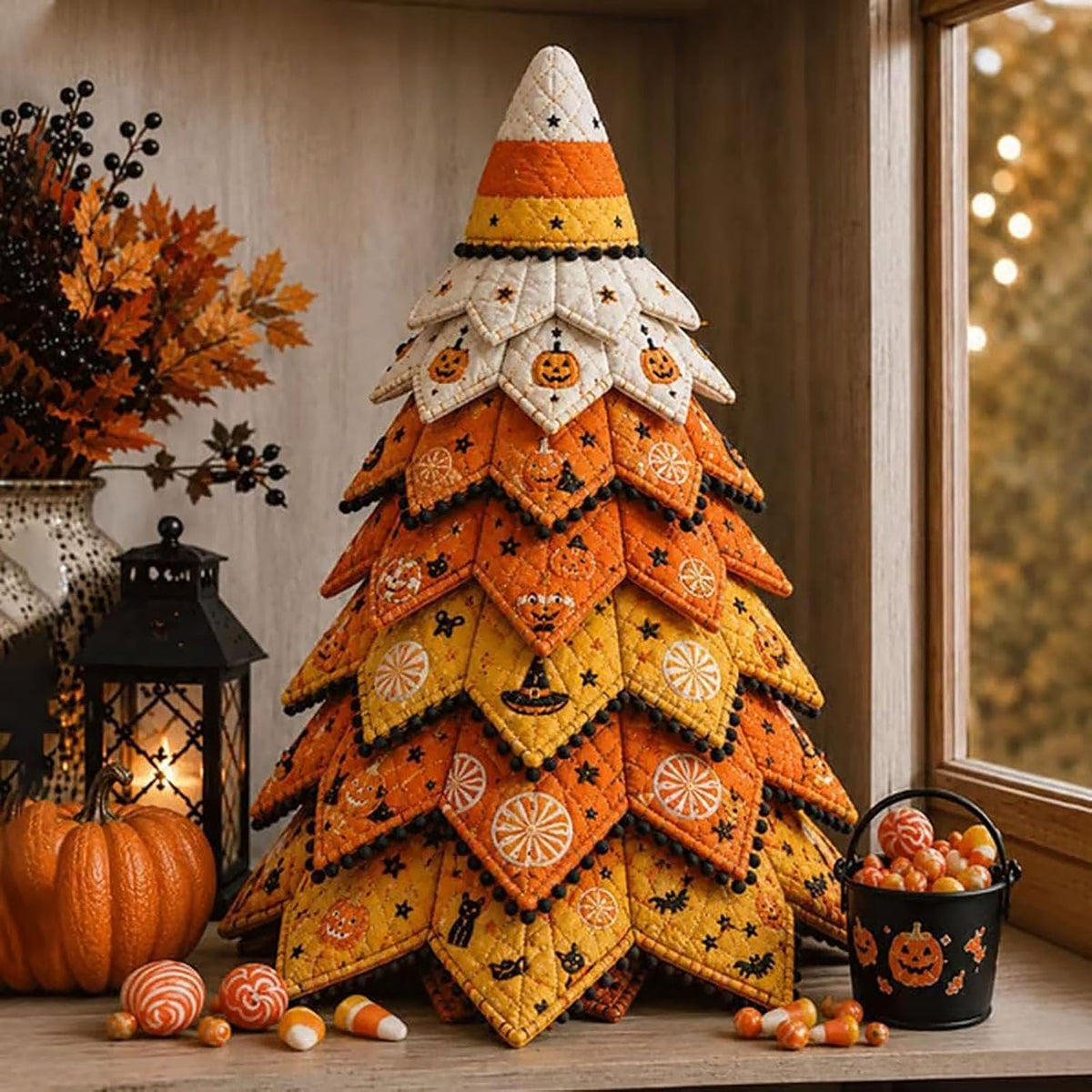 DIY Gothic Halloween Quilted Fabric Tree Kit – Layered Rose & Skull Tabletop Decoration