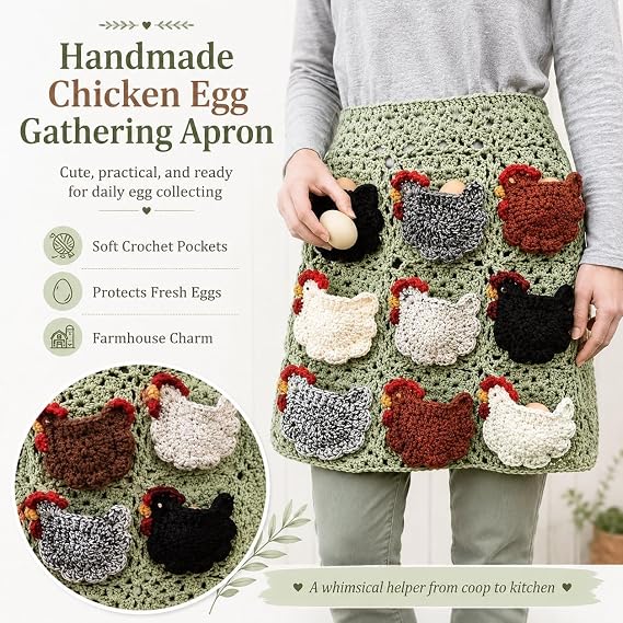 Hand-Crocheted Egg-Gathering Apron (with 12 Egg Pockets) — A Farm-Fresh Egg Collection Apron Designed for Backyard Chicken Keepers