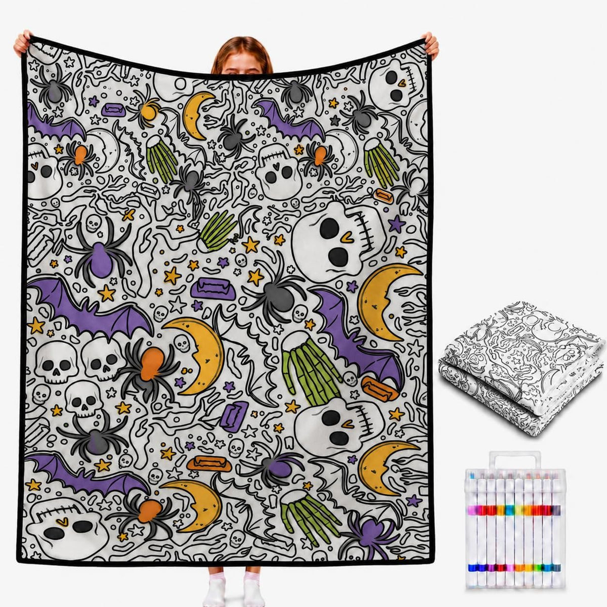 DIY Halloween Coloring Blanket with 24 Markers – Washable Creative Activity for Kids & Adults