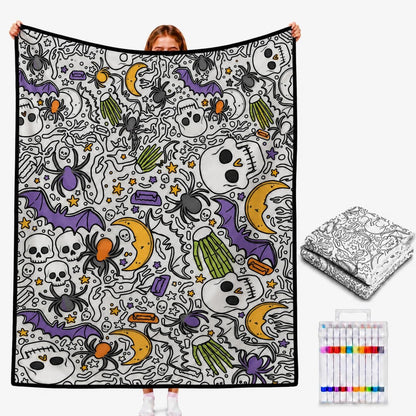 DIY Halloween Coloring Blanket with 24 Markers – Washable Creative Activity for Kids & Adults