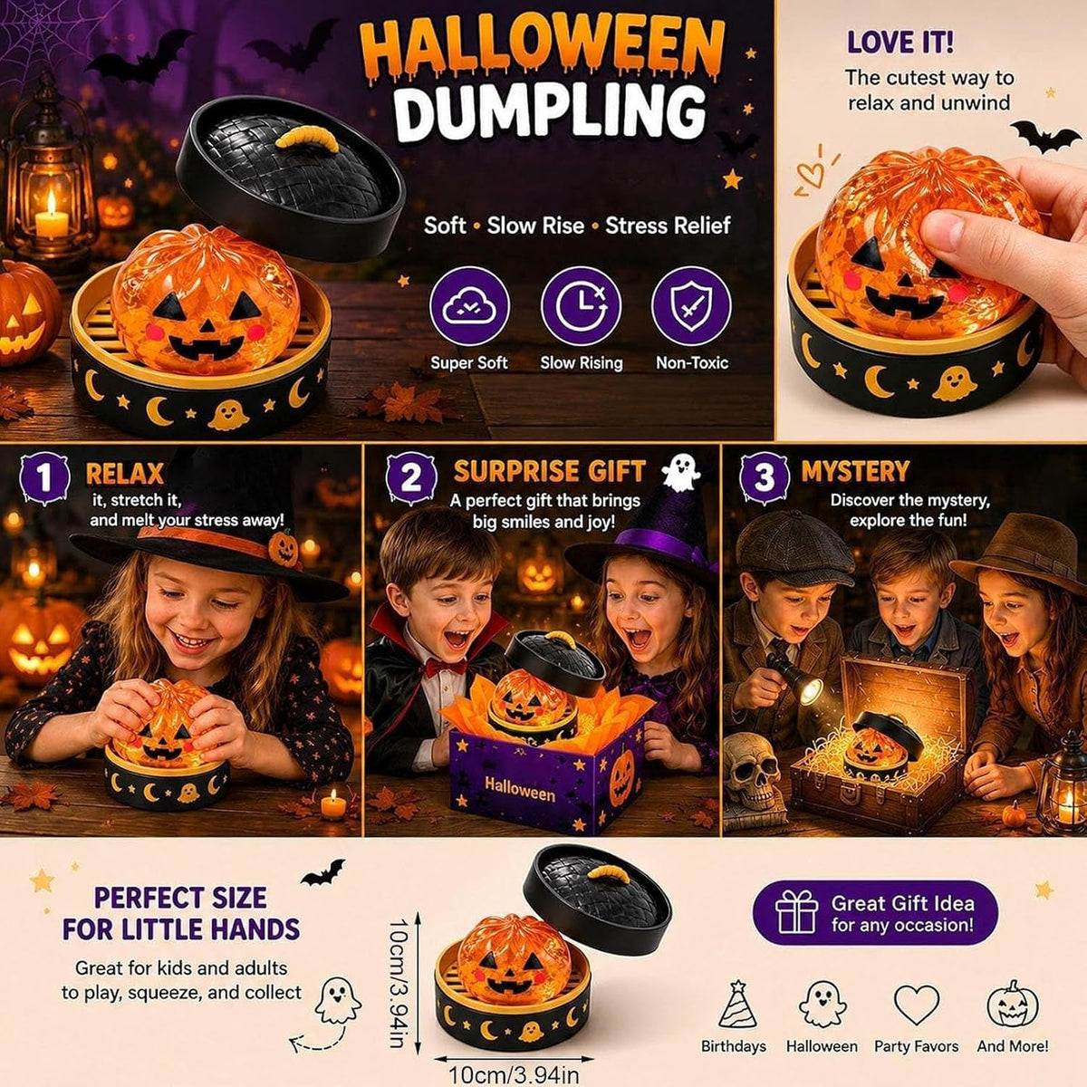 Halloween Glitter Dumpling Squishy Toy - Pumpkin Stress Ball with Spooky Steamer Tray