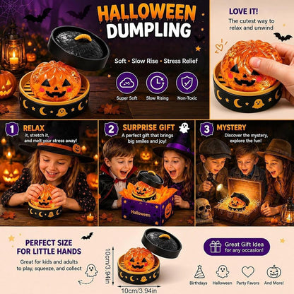 Halloween Glitter Dumpling Squishy Toy - Pumpkin Stress Ball with Spooky Steamer Tray