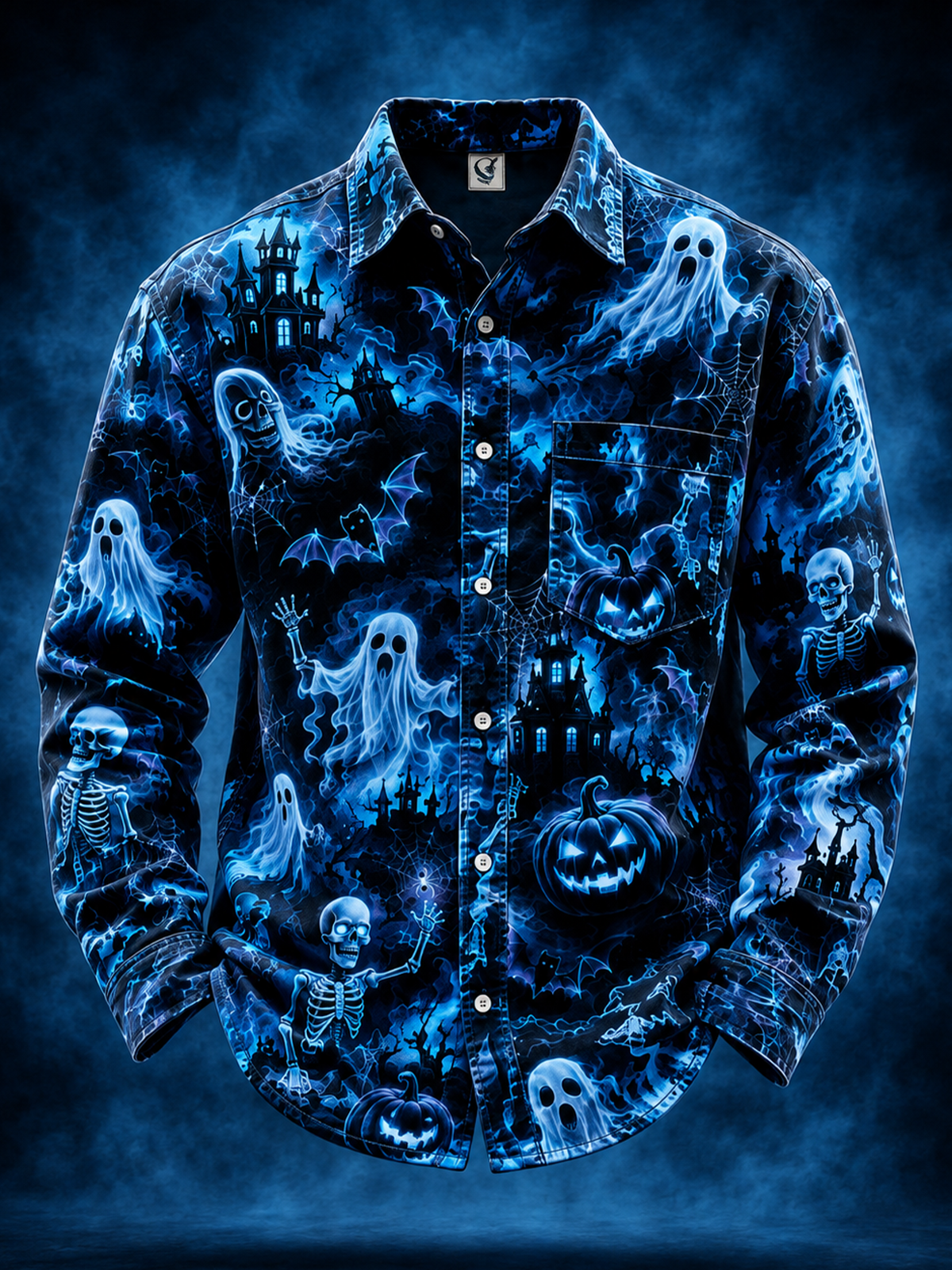 Moisture-Wicking Halloween Castle Pumpkin Ghost Bat Chest Pocket Long-Sleeve Casual Shirt