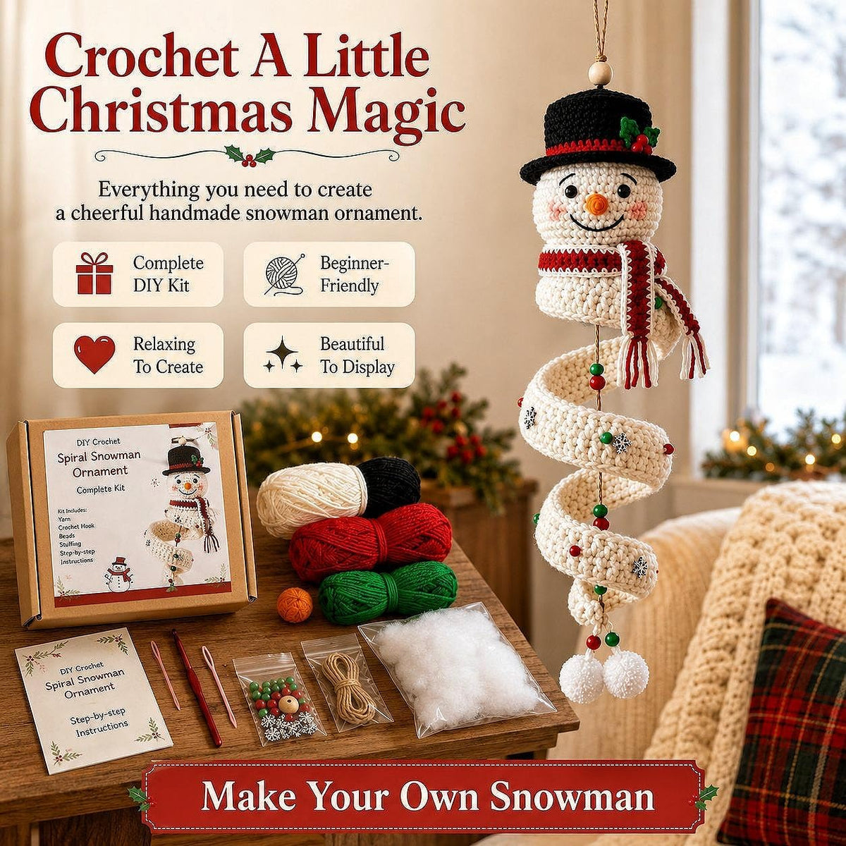 DIY Crochet Spiral Christmas Ornament Kit – 4 Beginner-Friendly Santa, Tree, Elf & Snowman Decorations