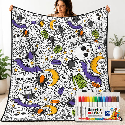 DIY Halloween Coloring Blanket with 24 Markers – Washable Creative Activity for Kids & Adults