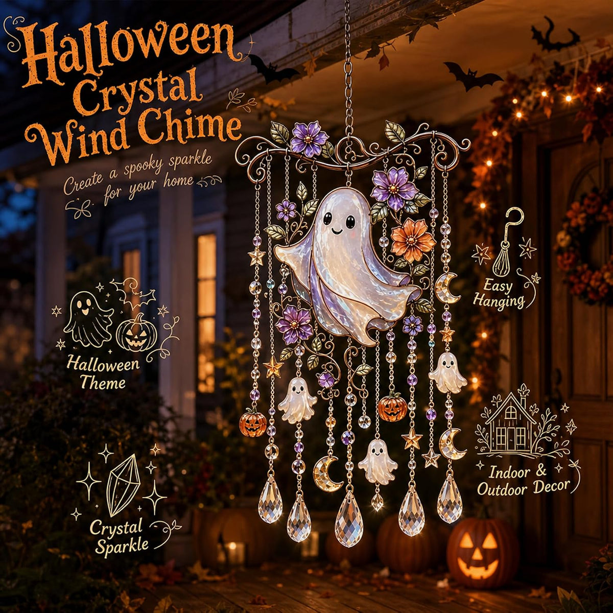 Halloween Crystal Wind Chime – Spooky Ghost, Pumpkin & Moon Hanging Decor for Porch, Garden & Window