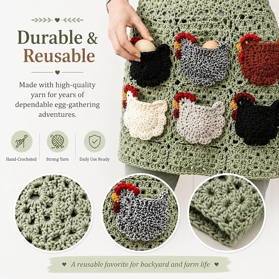 Hand-Crocheted Egg-Gathering Apron (with 12 Egg Pockets) — A Farm-Fresh Egg Collection Apron Designed for Backyard Chicken Keepers