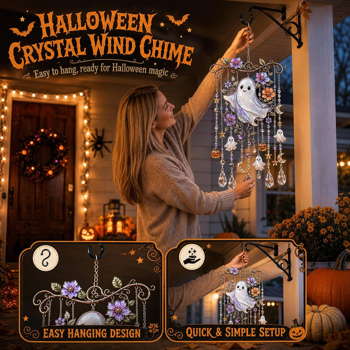 Halloween Crystal Wind Chime – Spooky Ghost, Pumpkin & Moon Hanging Decor for Porch, Garden & Window