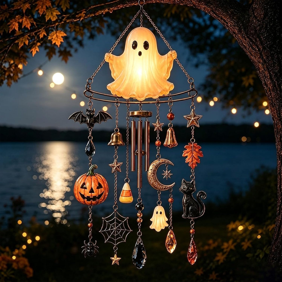Halloween Crystal Wind Chime – Spooky Ghost, Pumpkin & Moon Hanging Decor for Porch, Garden & Window