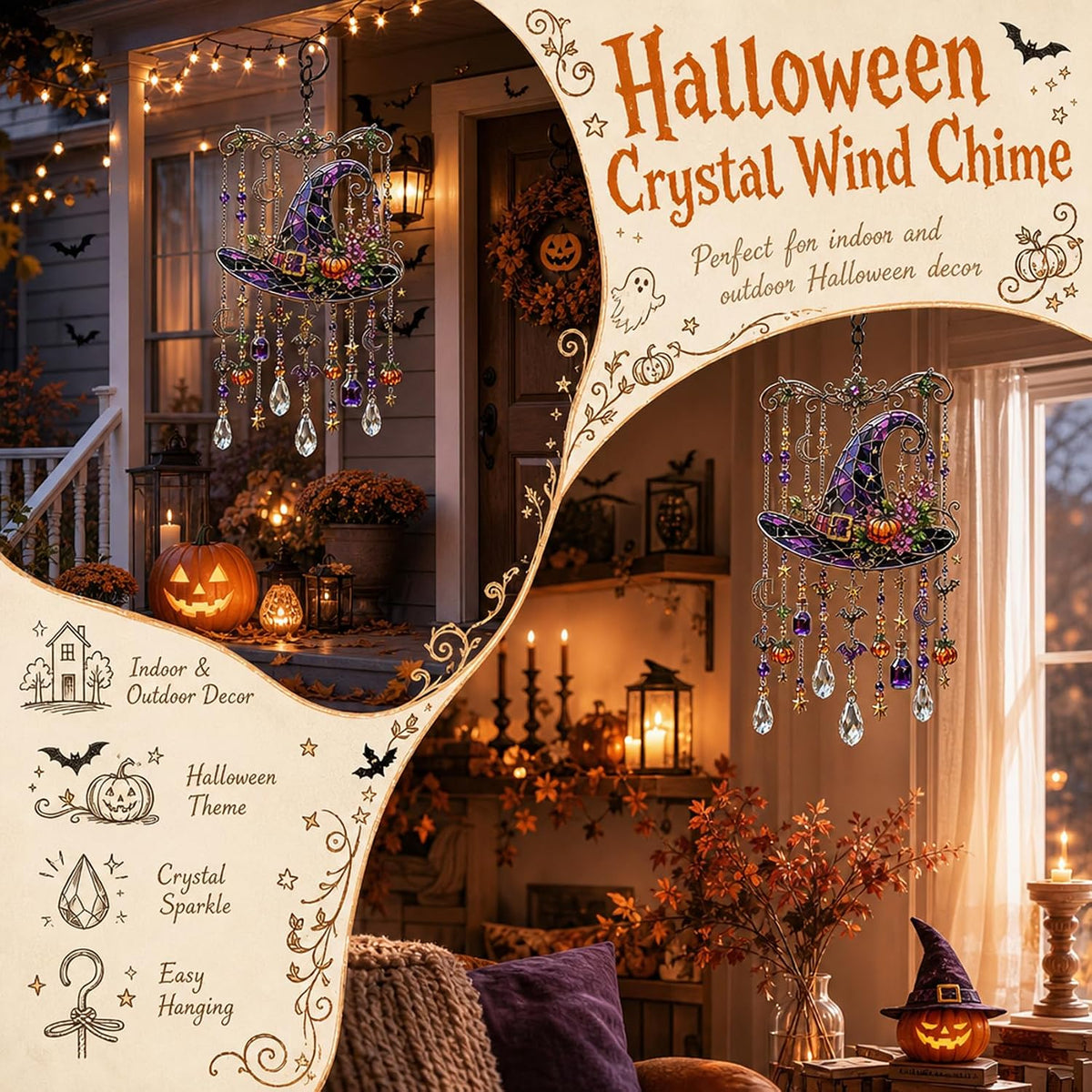 Halloween Crystal Wind Chime – Spooky Ghost, Pumpkin & Moon Hanging Decor for Porch, Garden & Window