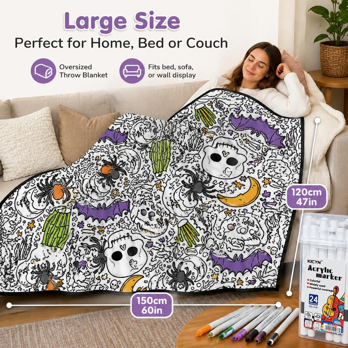 DIY Halloween Coloring Blanket with 24 Markers – Washable Creative Activity for Kids & Adults