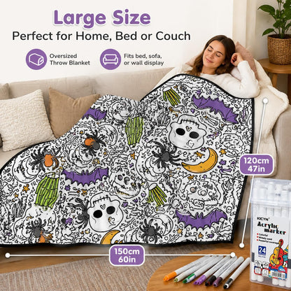 DIY Halloween Coloring Blanket with 24 Markers – Washable Creative Activity for Kids & Adults