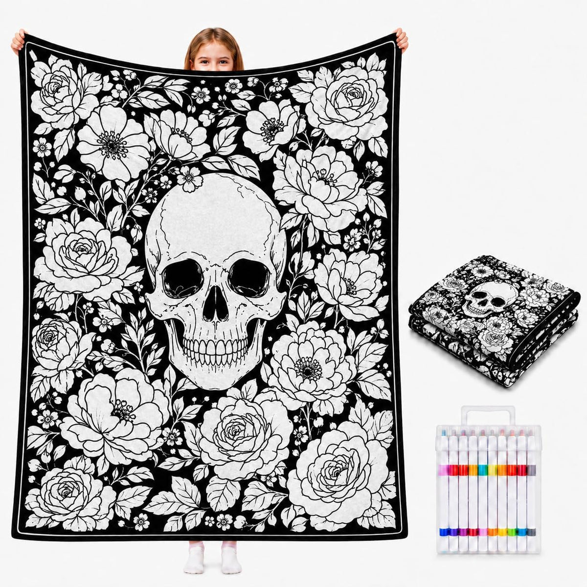 DIY Halloween Coloring Blanket with 24 Markers – Washable Creative Activity for Kids & Adults