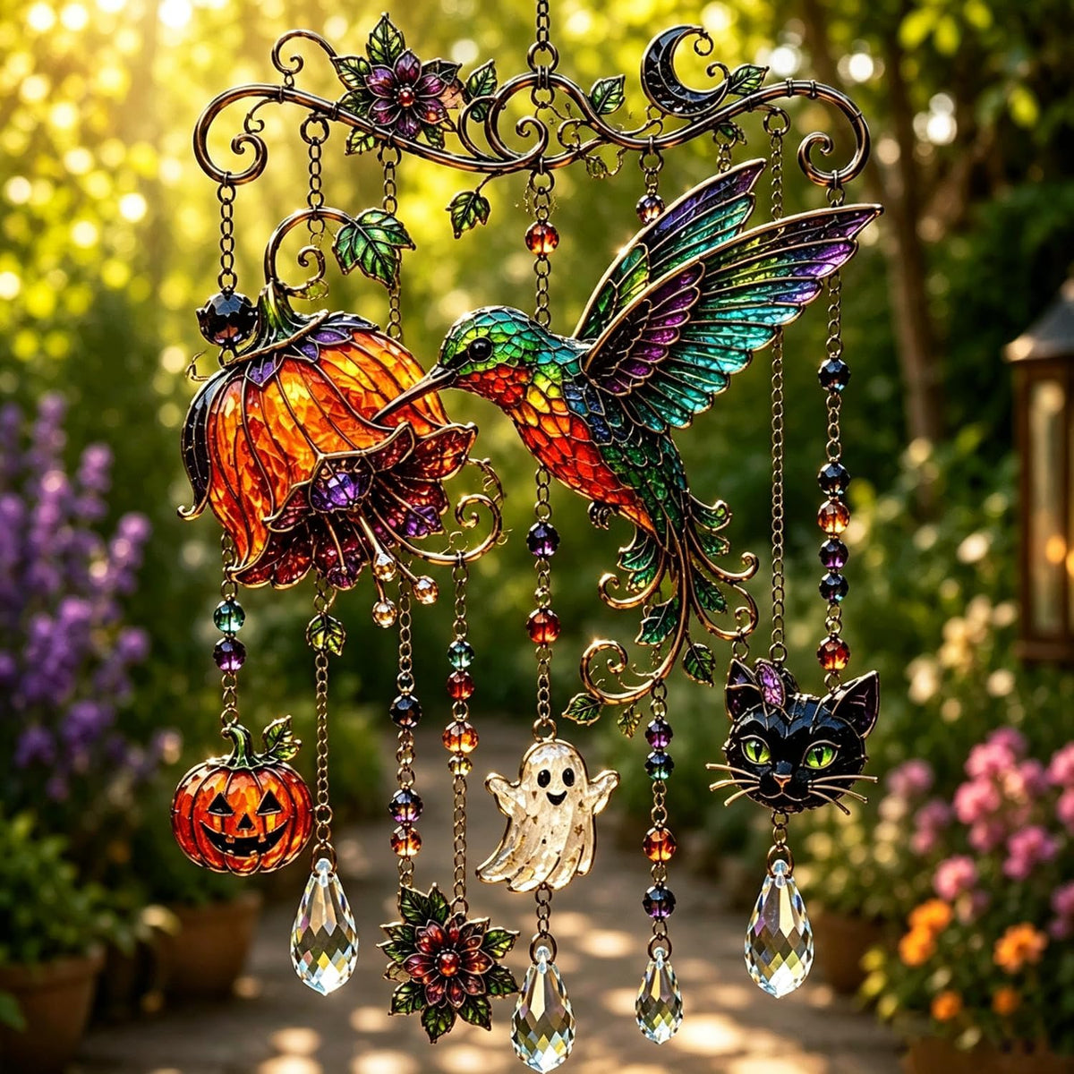 Halloween Crystal Wind Chime – Spooky Ghost, Pumpkin & Moon Hanging Decor for Porch, Garden & Window