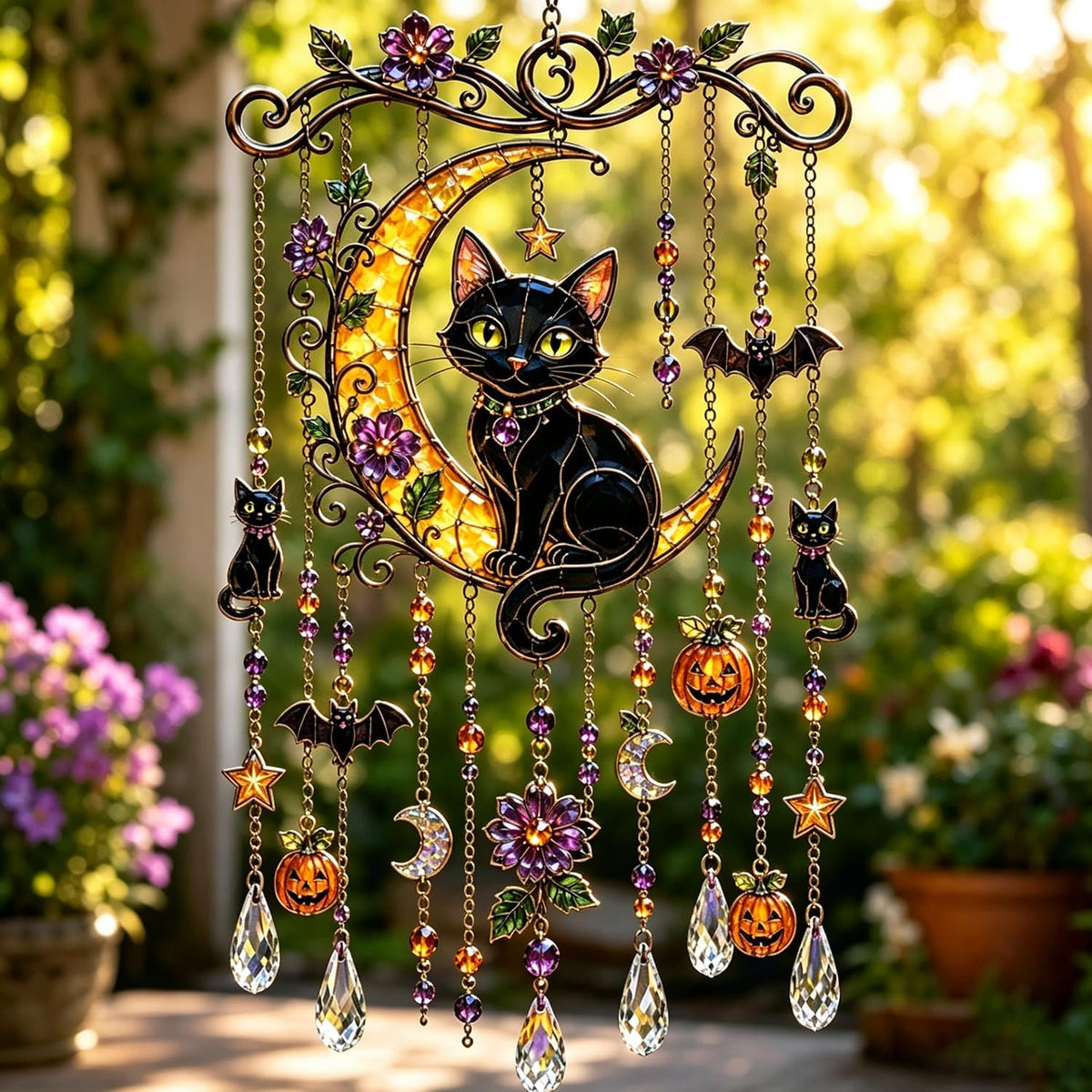 Halloween Crystal Wind Chime – Spooky Ghost, Pumpkin & Moon Hanging Decor for Porch, Garden & Window