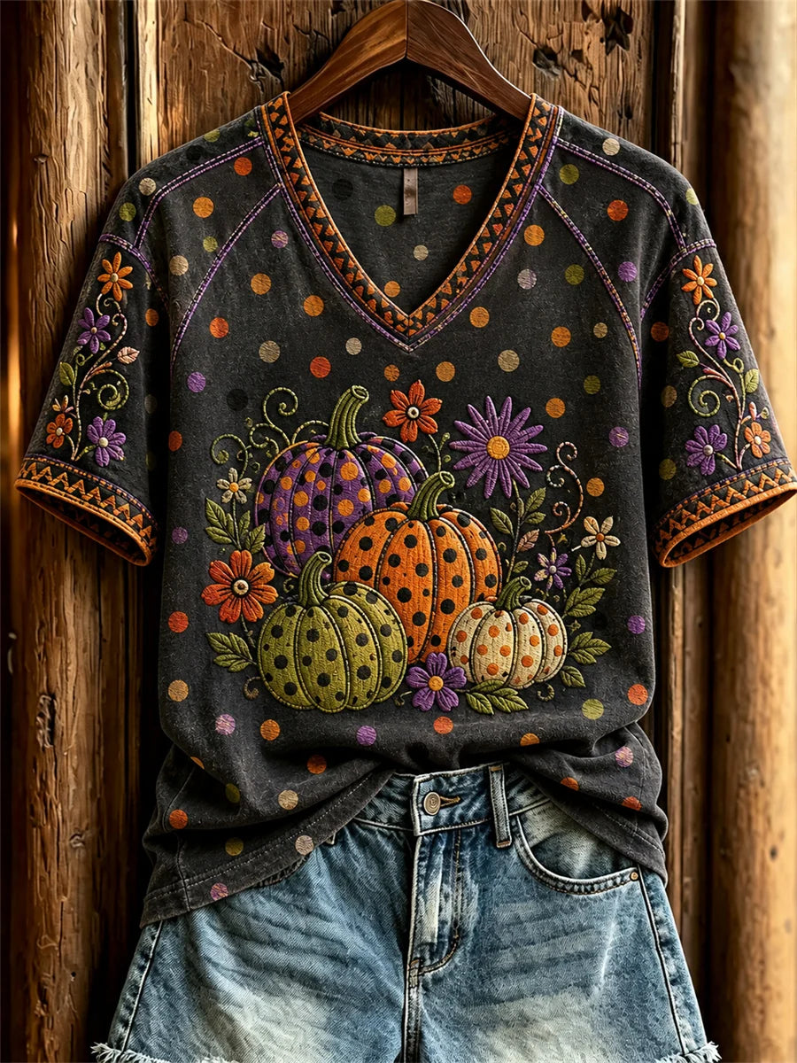 Women's Colorful Pumpkins Floral Polka Dots Art Print short-sleeved T-shirt